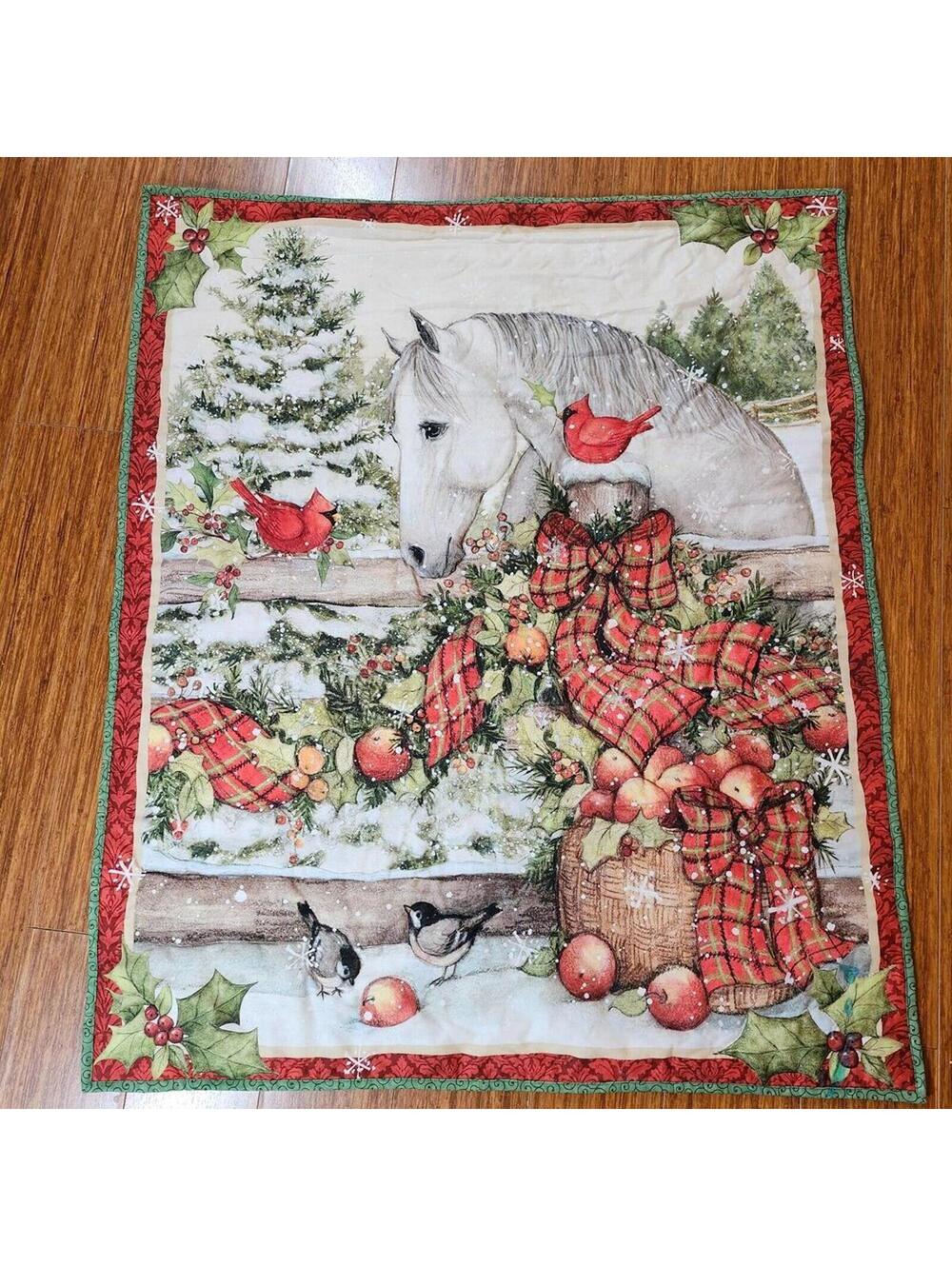 Handmade Holiday White Horse Cardinal Bird Trees Winter Wall Hanging 35x42 Inch